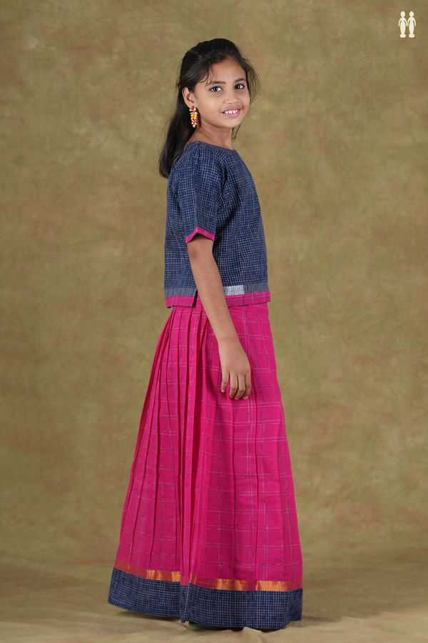 Boat Neck Checks Design Blue And Pink Cotton Pavadai Sattai
