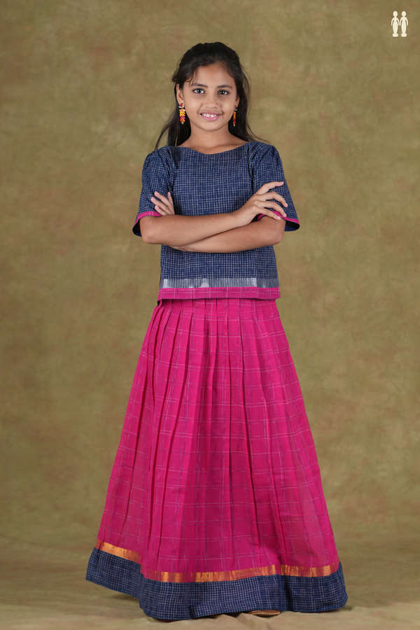 Boat Neck Checks Design Blue And Pink Cotton Pavadai Sattai