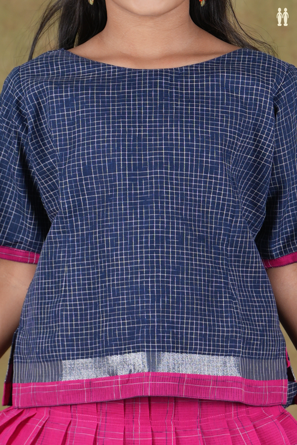 Boat Neck Checks Design Blue And Pink Cotton Pavadai Sattai