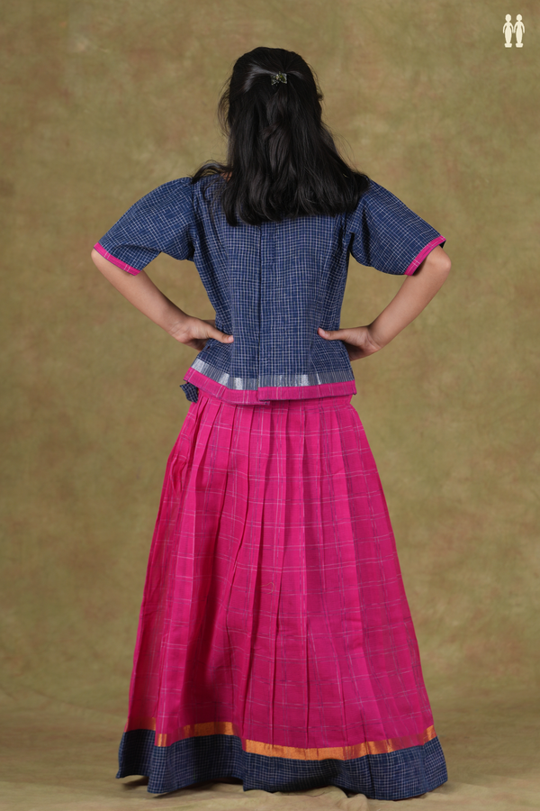 Boat Neck Checks Design Blue And Pink Cotton Pavadai Sattai