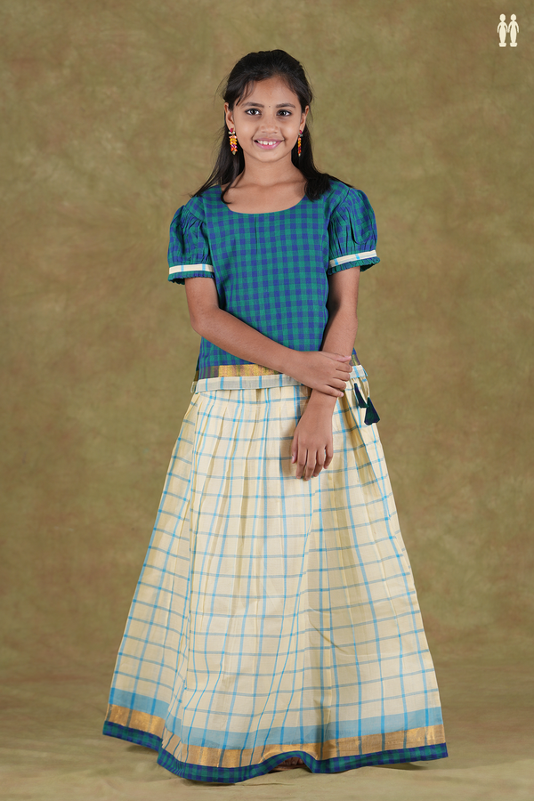 Round Neck Checks Green And Cream Cotton Pavadai Sattai