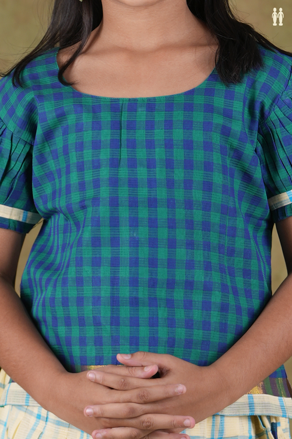 Round Neck Checks Green And Cream Cotton Pavadai Sattai