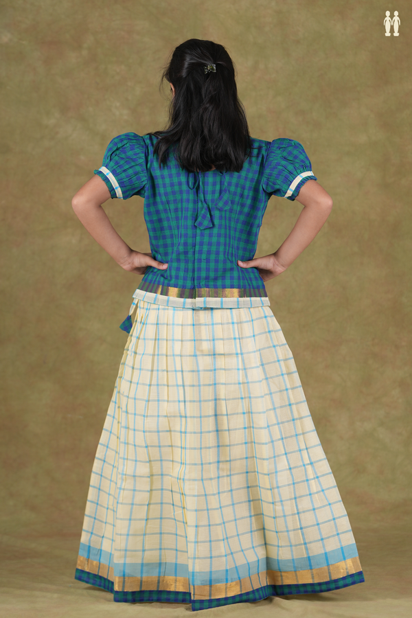 Round Neck Checks Green And Cream Cotton Pavadai Sattai