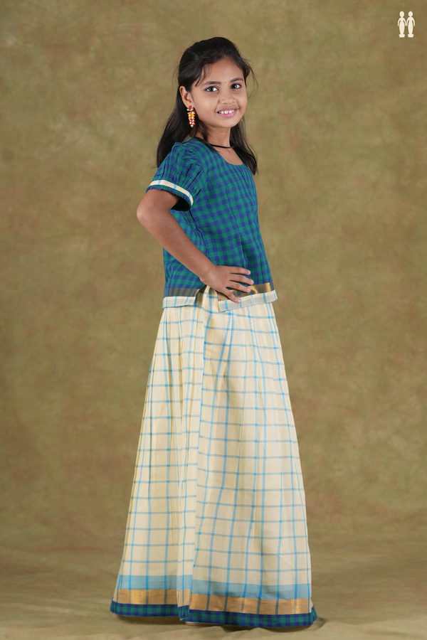 Round Neck Checks Green And Cream Cotton Pavadai Sattai