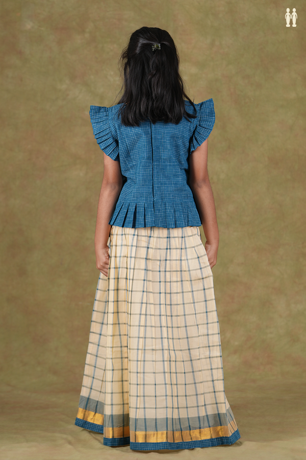 Checks Design Blue And Cream Cotton Pavadai Sattai