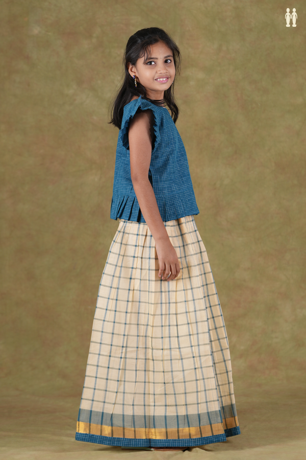 Checks Design Blue And Cream Cotton Pavadai Sattai