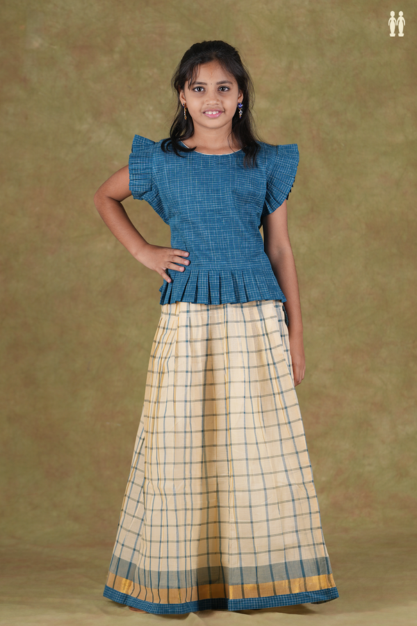 Checks Design Blue And Cream Cotton Pavadai Sattai