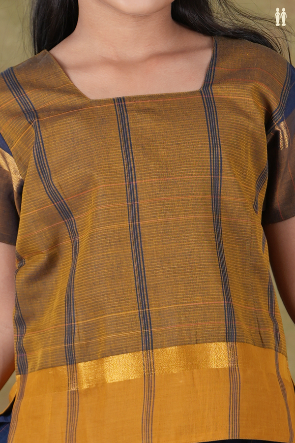 Checks Design Brown And Blue Cotton Pavadai Sattai