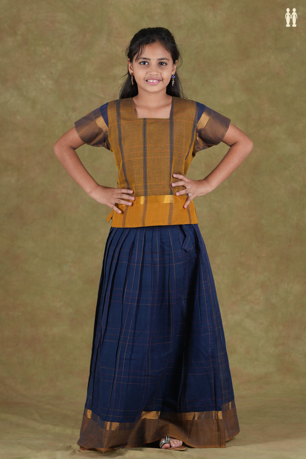 Checks Design Brown And Blue Cotton Pavadai Sattai