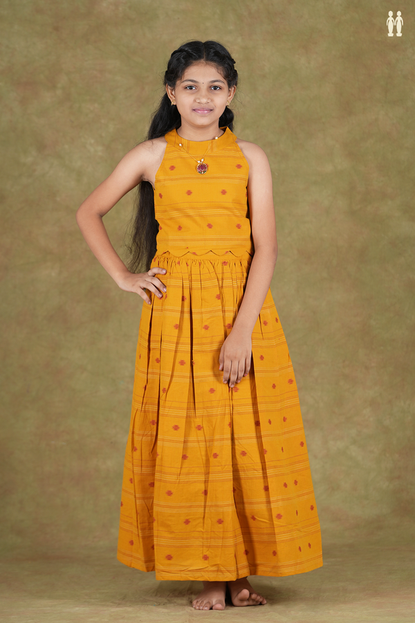 Halter Neck Threadwork Buttas Yellow Cotton Pavadai Sattai