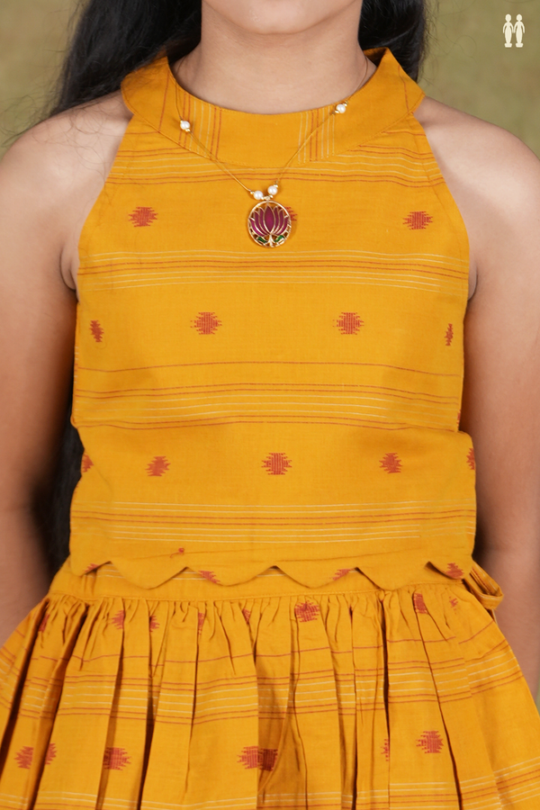 Halter Neck Threadwork Buttas Yellow Cotton Pavadai Sattai