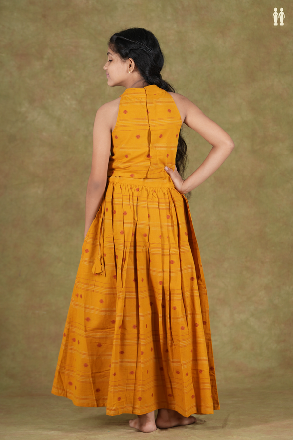 Halter Neck Threadwork Buttas Yellow Cotton Pavadai Sattai