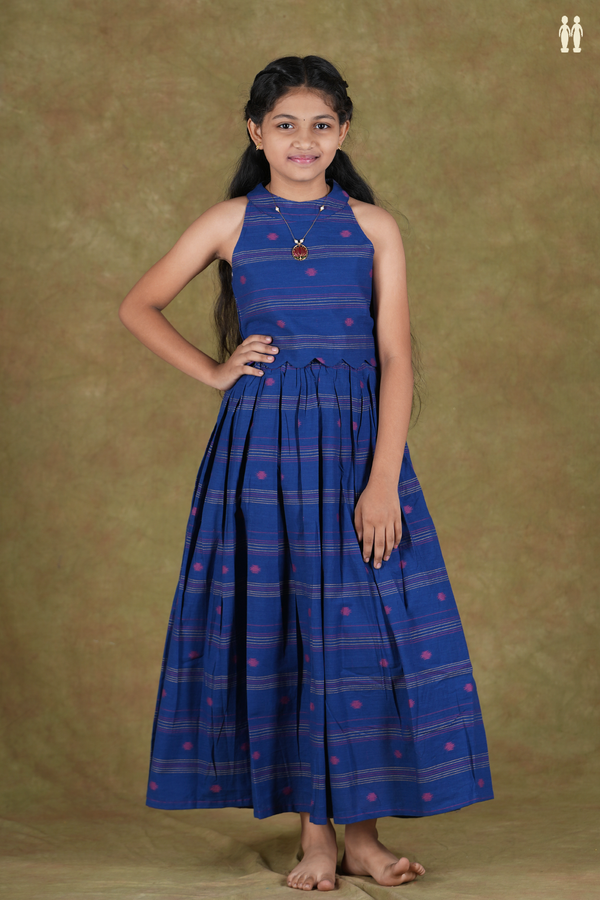 Halter Neck Threadwork Buttas Blue Cotton Pavadai Sattai