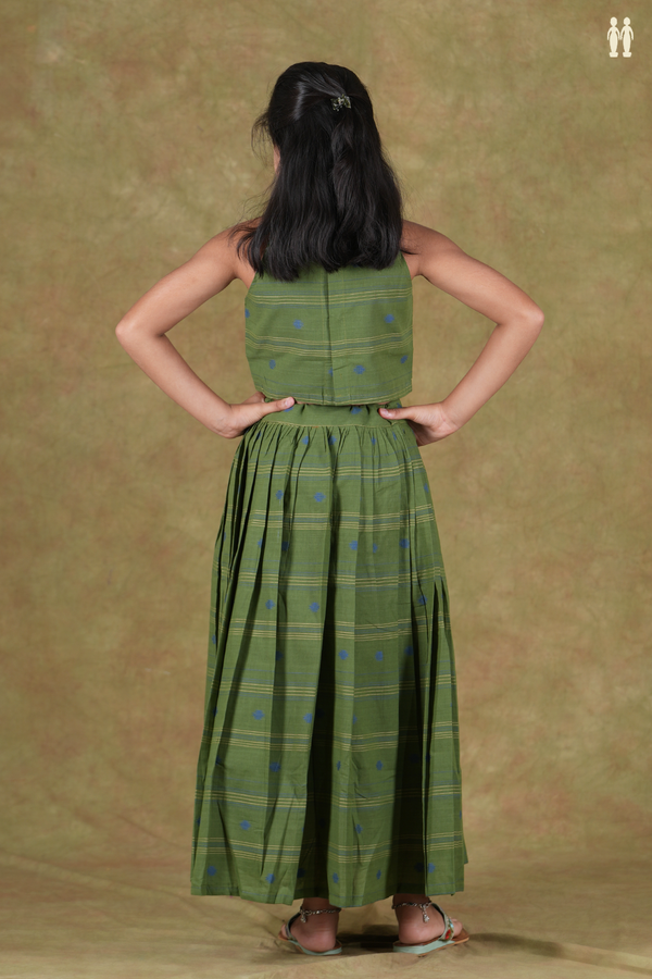Halter Neck Threadwork Buttas Green Cotton Pavadai Sattai