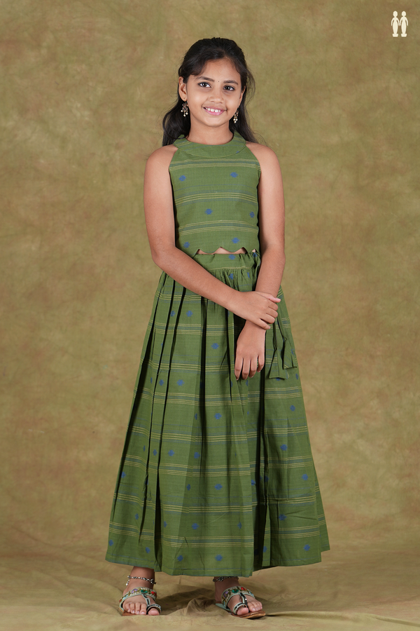 Halter Neck Threadwork Buttas Green Cotton Pavadai Sattai