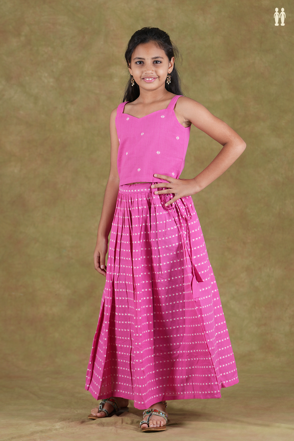Sweet Heart Neck Threadwork Design Pink Cotton Pavadai Sattai