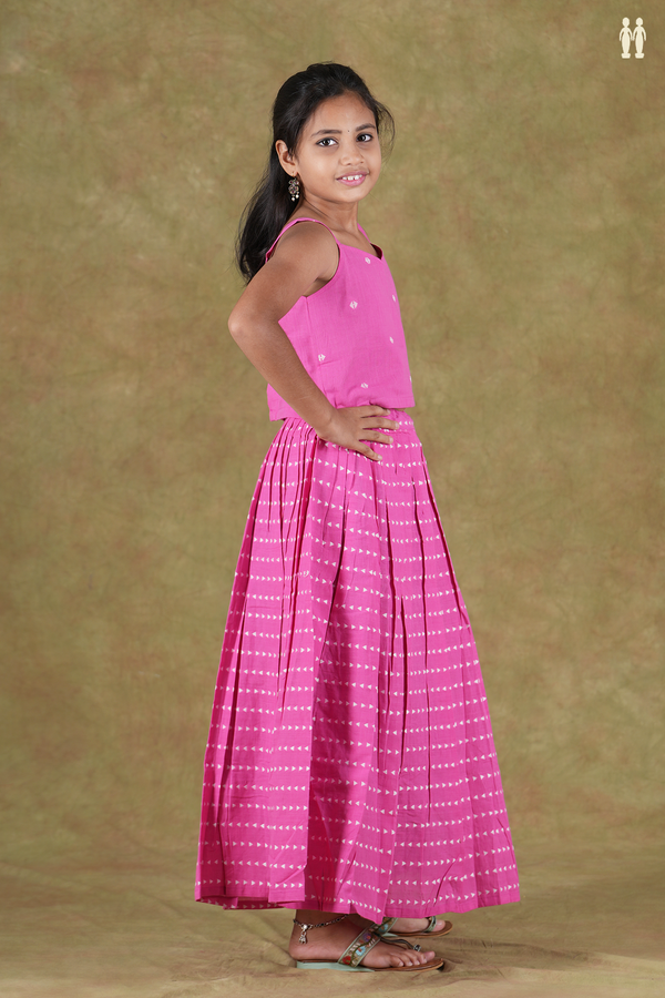 Sweet Heart Neck Threadwork Design Pink Cotton Pavadai Sattai