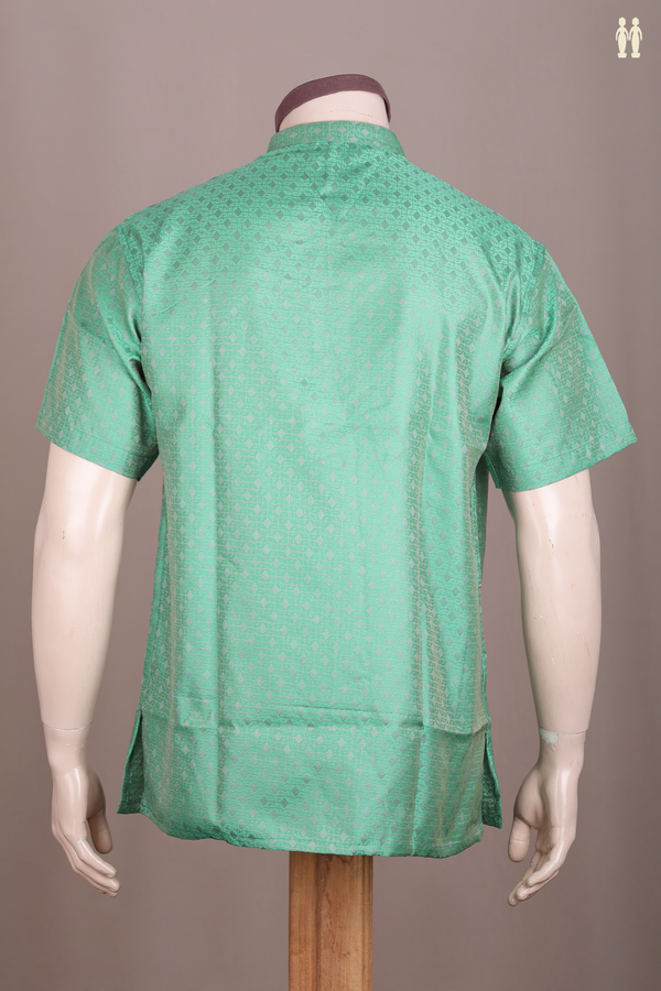 Chinese Collar Threadwork Design Green Banaras Short Kurta