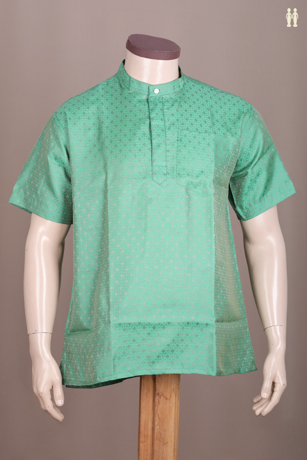 Chinese Collar Threadwork Design Green Banaras Short Kurta