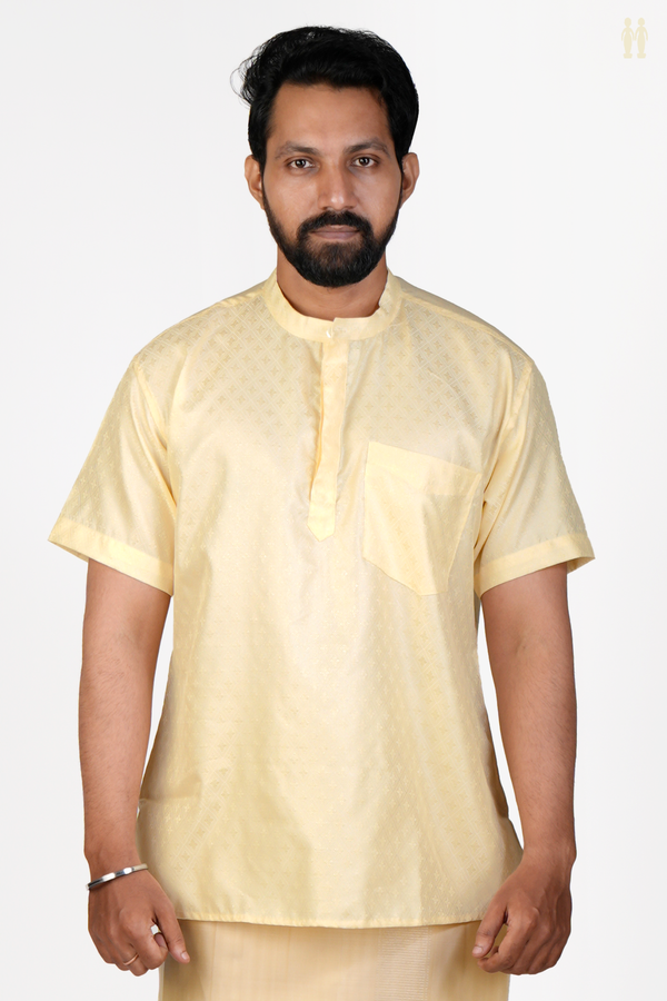 Chinese Collar Diamond Design Pale Yellow Banarasi Short Kurta
