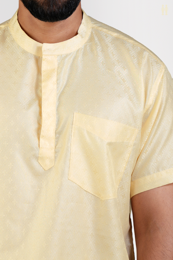 Chinese Collar Diamond Design Pale Yellow Banarasi Short Kurta