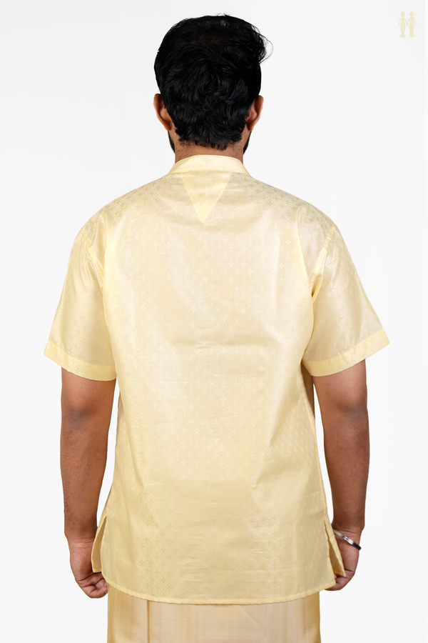 Chinese Collar Diamond Design Pale Yellow Banarasi Short Kurta