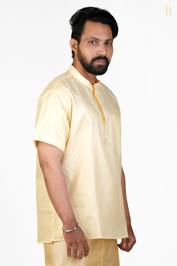 Chinese Collar Diamond Design Pale Yellow Banarasi Short Kurta
