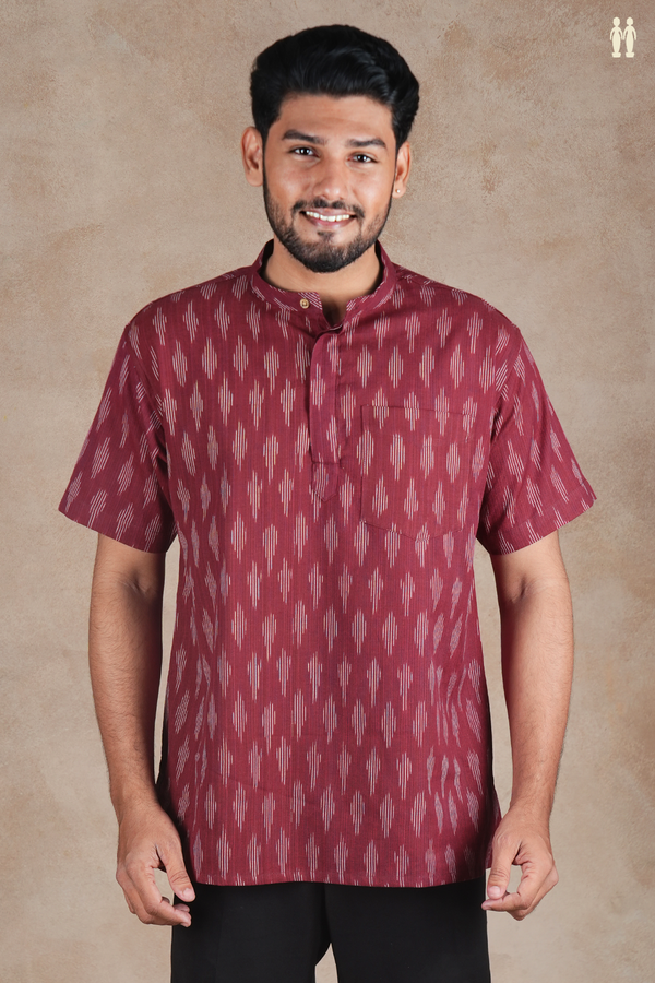 Chinese Collar Printed Design Red Ikat Cotton Short Kurta