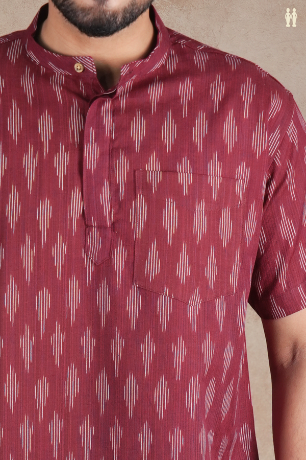 Chinese Collar Printed Design Red Ikat Cotton Short Kurta