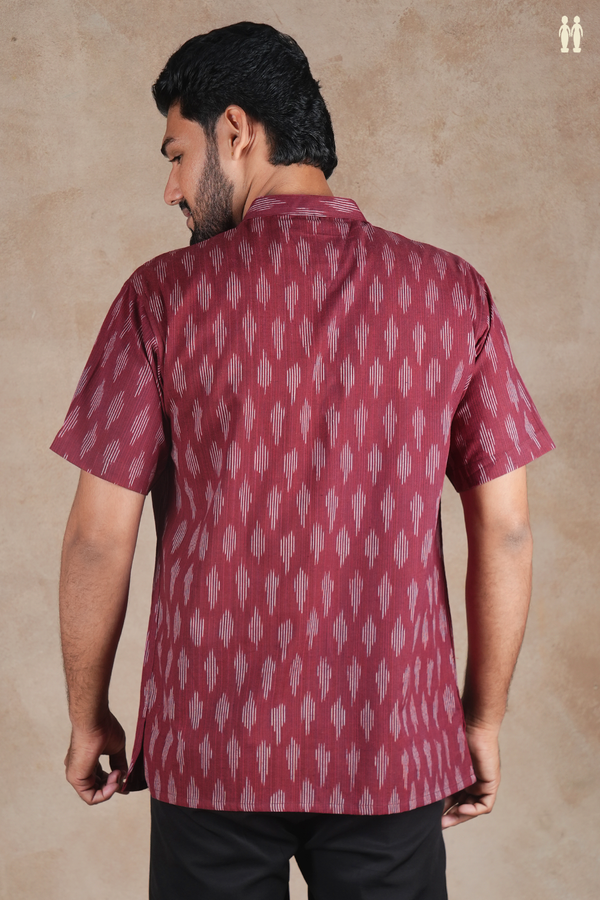 Chinese Collar Printed Design Red Ikat Cotton Short Kurta