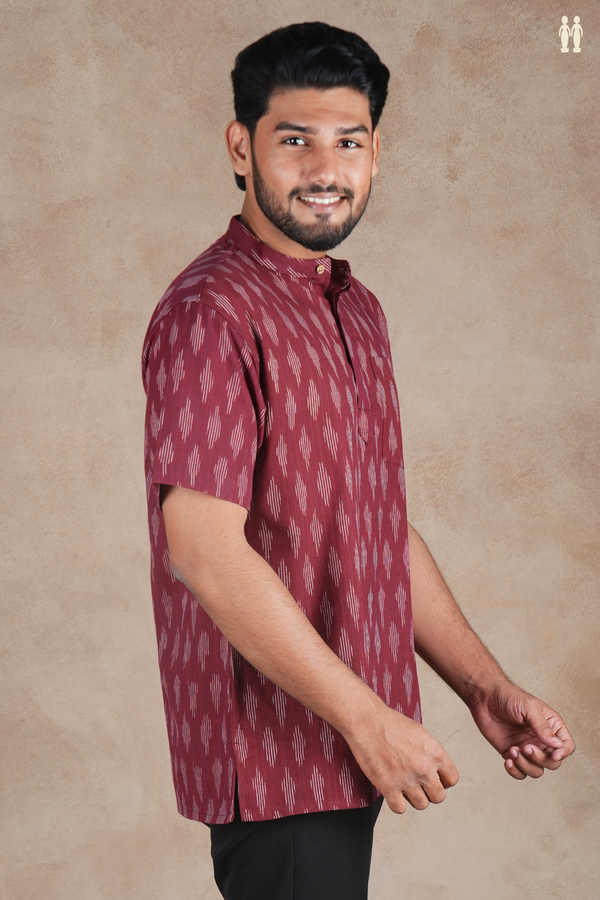 Chinese Collar Printed Design Red Ikat Cotton Short Kurta