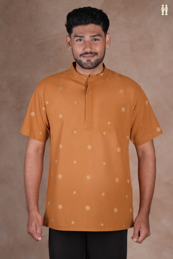 Chinese Collar Threadwork Buttas Orange Cotton Short Kurta