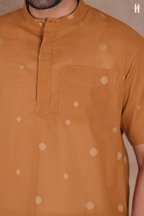 Chinese Collar Threadwork Buttas Orange Cotton Short Kurta