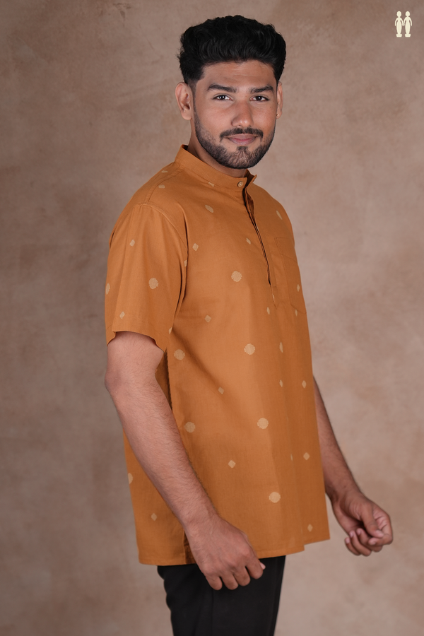 Chinese Collar Threadwork Buttas Orange Cotton Short Kurta