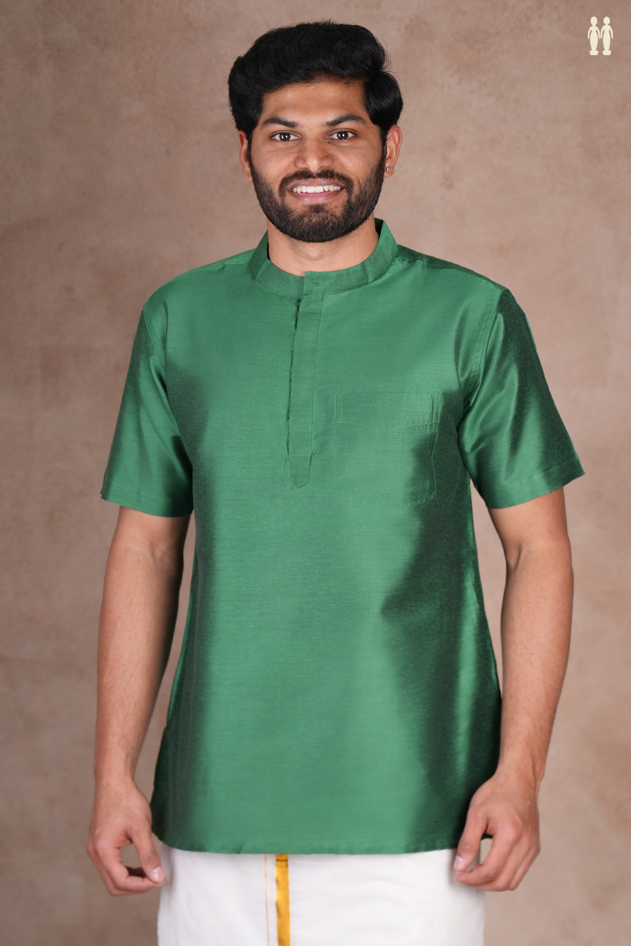 Chinese Collar Plain Emerald Green Raw Silk Short Kurta