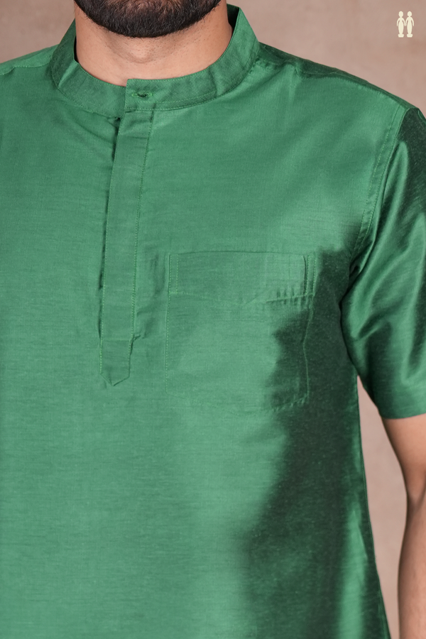 Chinese Collar Plain Emerald Green Raw Silk Short Kurta