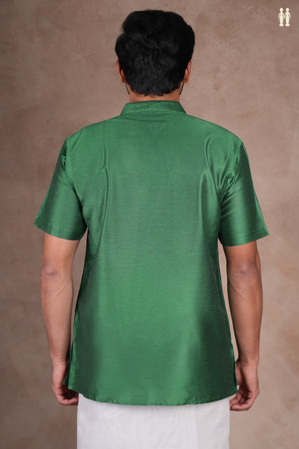Chinese Collar Plain Emerald Green Raw Silk Short Kurta