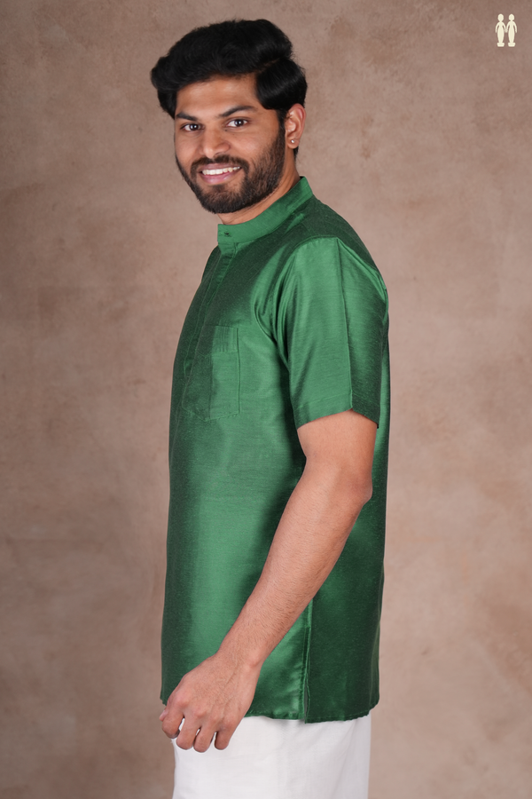 Chinese Collar Plain Emerald Green Raw Silk Short Kurta