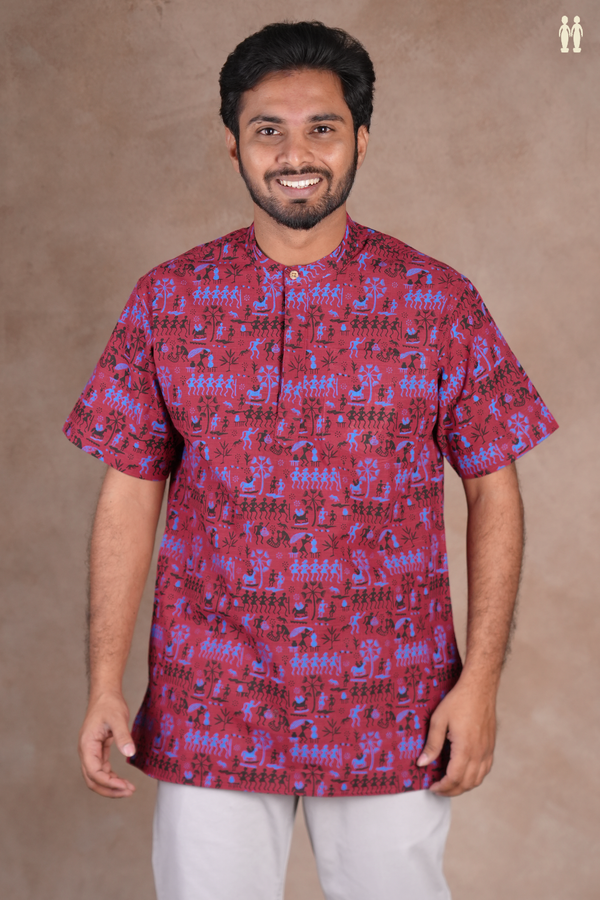 Chinese Collar Warli Design Red Cotton Short Kurta