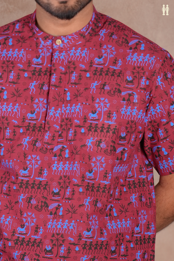 Chinese Collar Warli Design Red Cotton Short Kurta