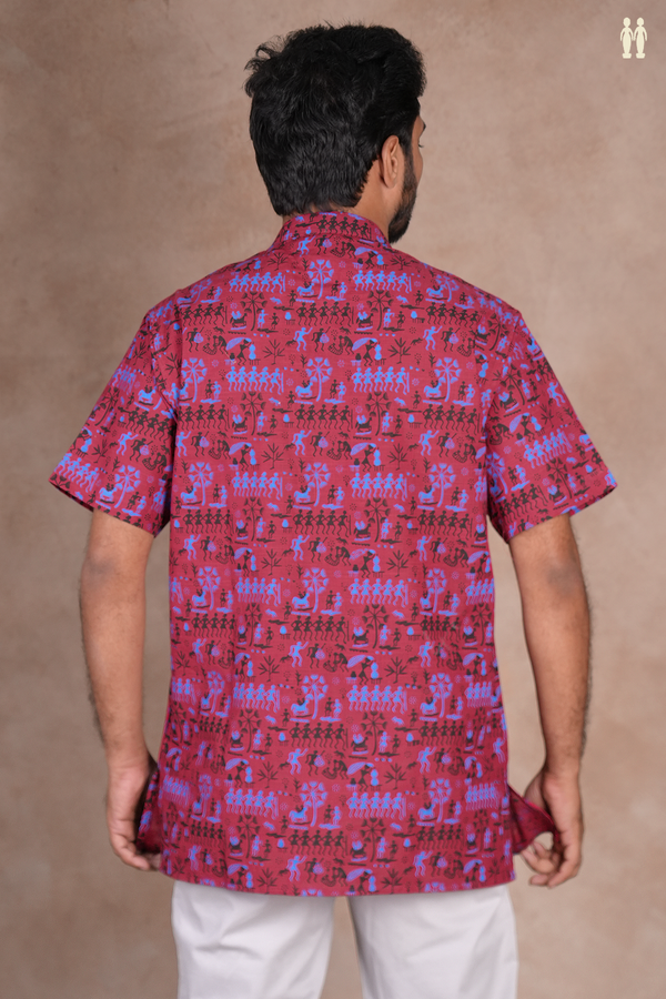 Chinese Collar Warli Design Red Cotton Short Kurta