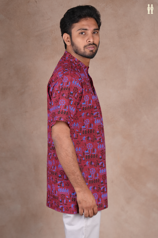 Chinese Collar Warli Design Red Cotton Short Kurta