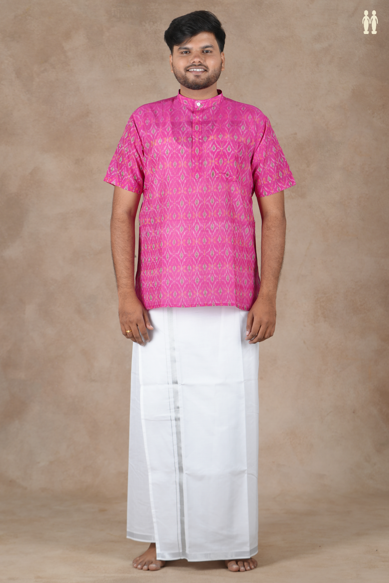 Chinese Collar Ikat Design Pink Pochampally Short Kurta
