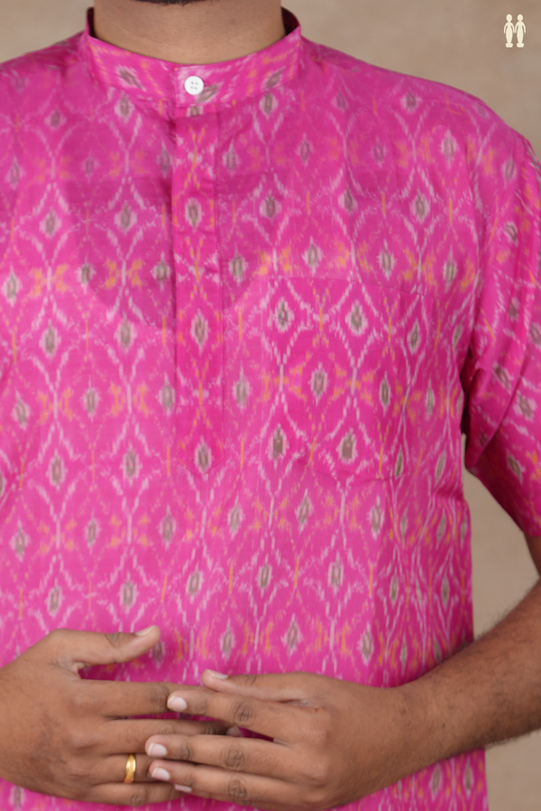 Chinese Collar Ikat Design Pink Pochampally Short Kurta
