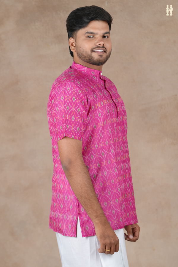 Chinese Collar Ikat Design Pink Pochampally Short Kurta