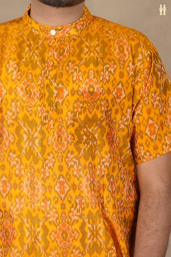 Chinese Collar Ikat Design Orange Pochampally Silk Short Kurta