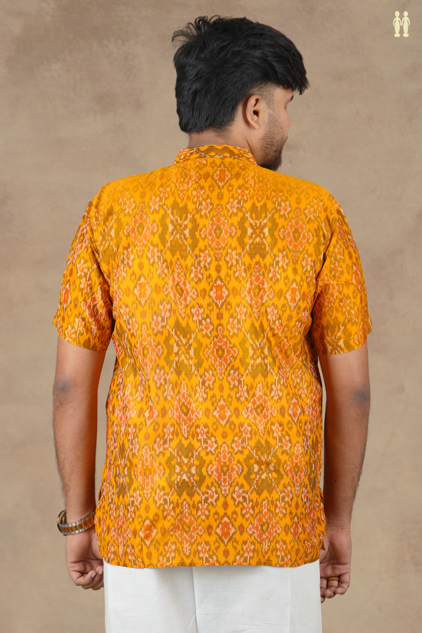 Chinese Collar Ikat Design Orange Pochampally Silk Short Kurta