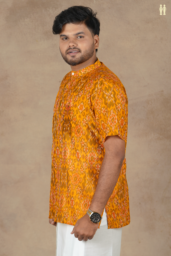 Chinese Collar Ikat Design Orange Pochampally Silk Short Kurta