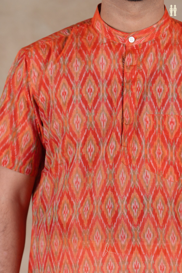 Chinese Collar Ikat Design Orange Pochampally Short Kurta