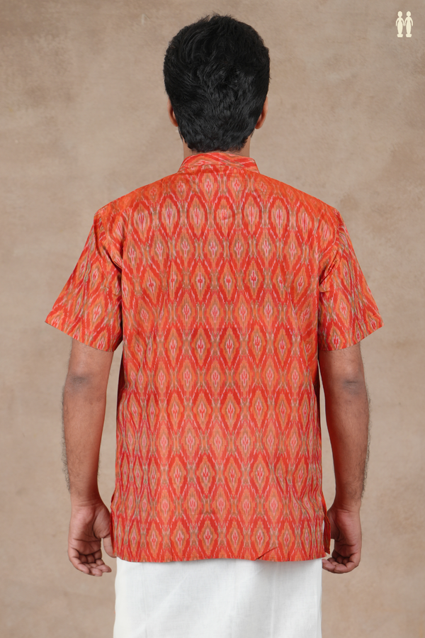 Chinese Collar Ikat Design Orange Pochampally Short Kurta